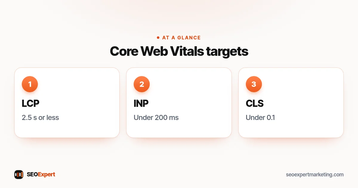 Core Web Vitals targets: LCP within 2.5 seconds, INP under 200 milliseconds, CLS under 0.1