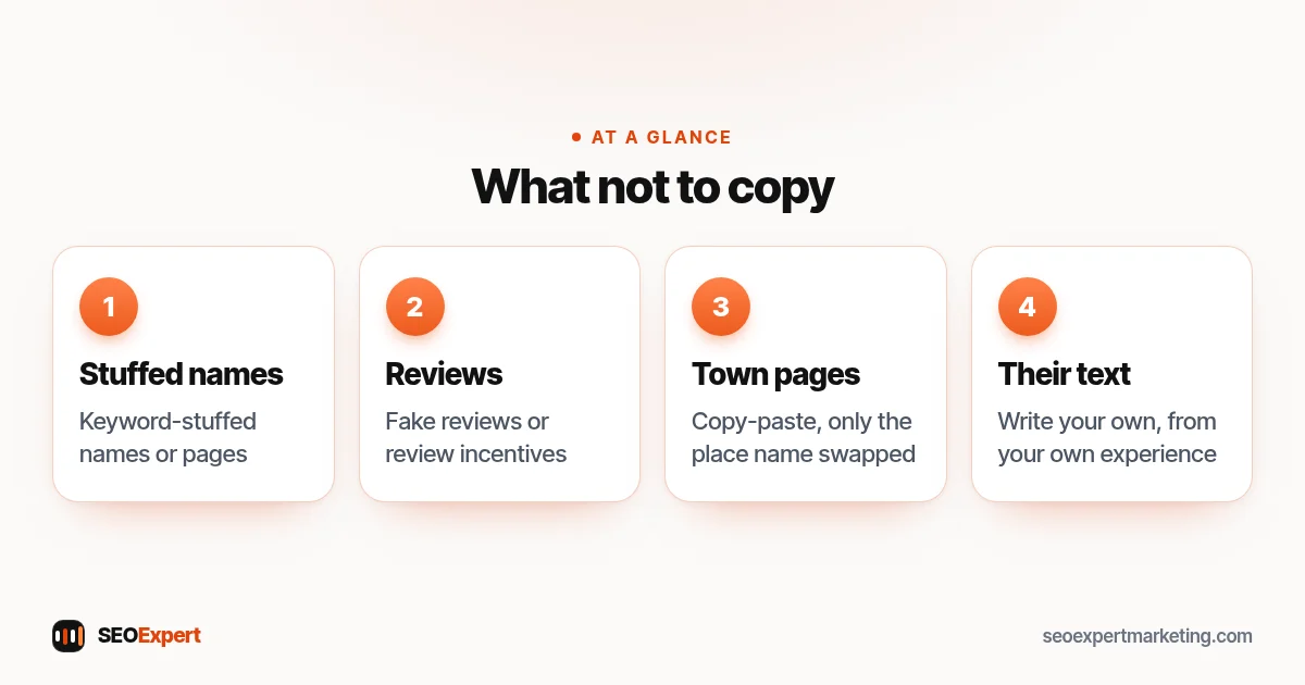 What not to copy (diagram): Stuffed names, Reviews, Town pages, Their text