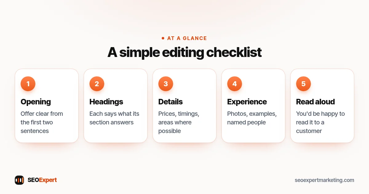 A simple editing checklist (diagram): Opening, Headings, Details, Experience, Read aloud