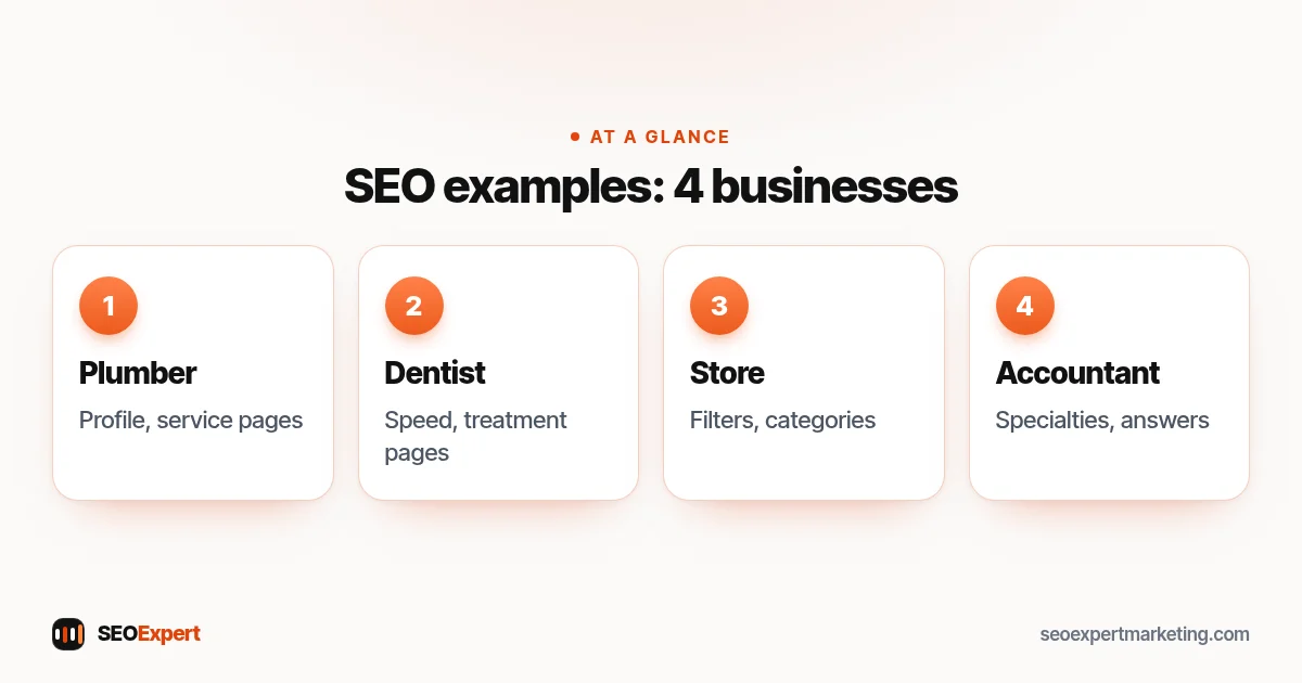 SEO examples diagram: plumber, dentist, online store and accountant with their first steps