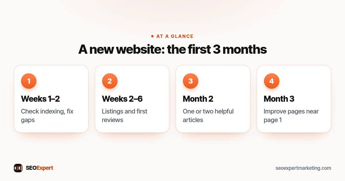 A new website: the first 3 months (diagram): Weeks 1–2, Weeks 2–6, Month 2, Month 3
