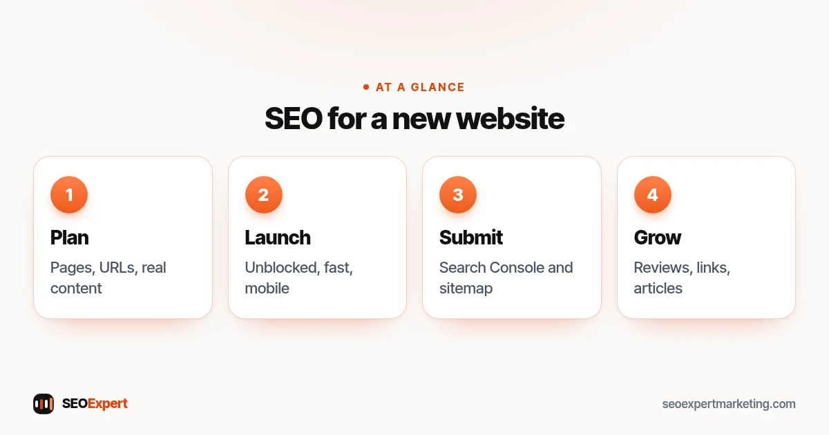 SEO for new website diagram: plan pages, launch unblocked, submit sitemap, earn first links