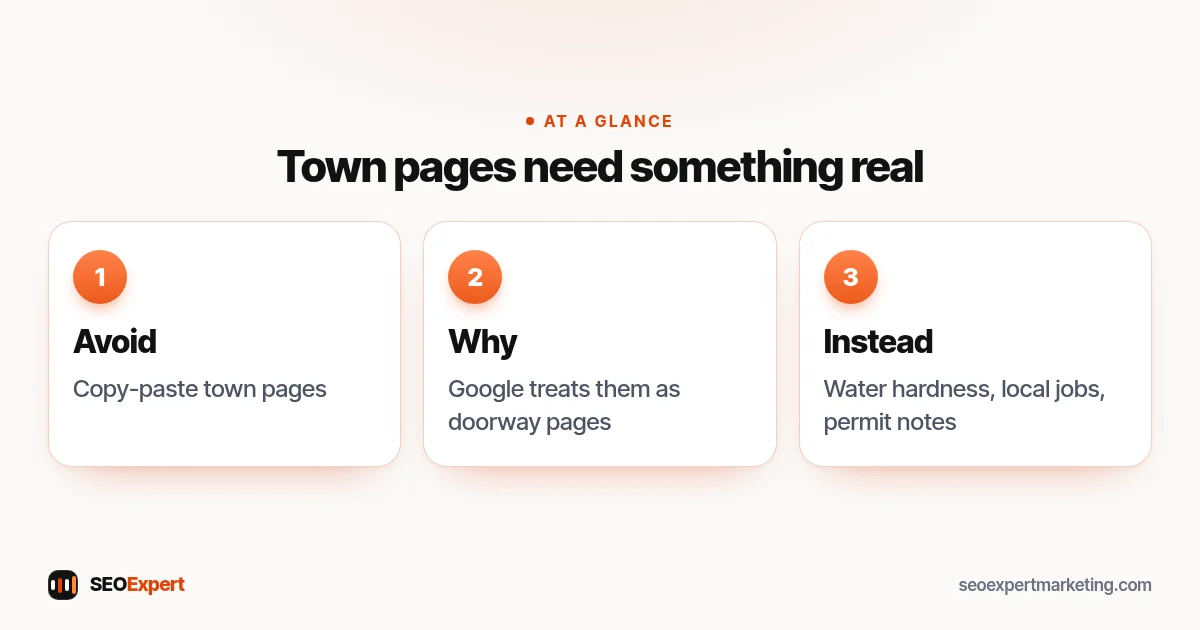 Town pages need something real (diagram): Avoid, Why, Instead