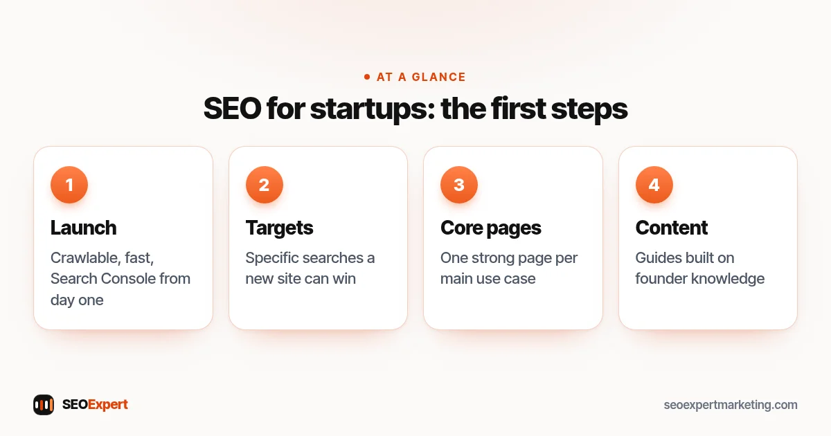 SEO for startups diagram: technical launch, winnable searches, core use-case pages and founder-led content