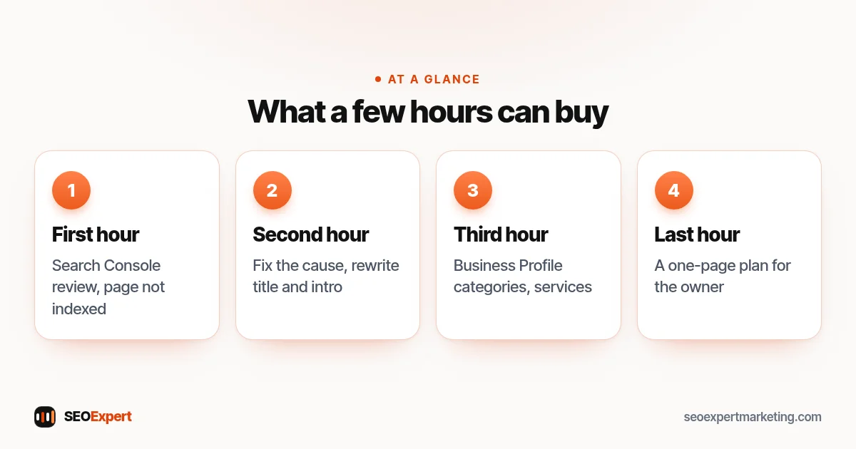 What a few hours can buy (diagram): First hour, Second hour, Third hour, Last hour