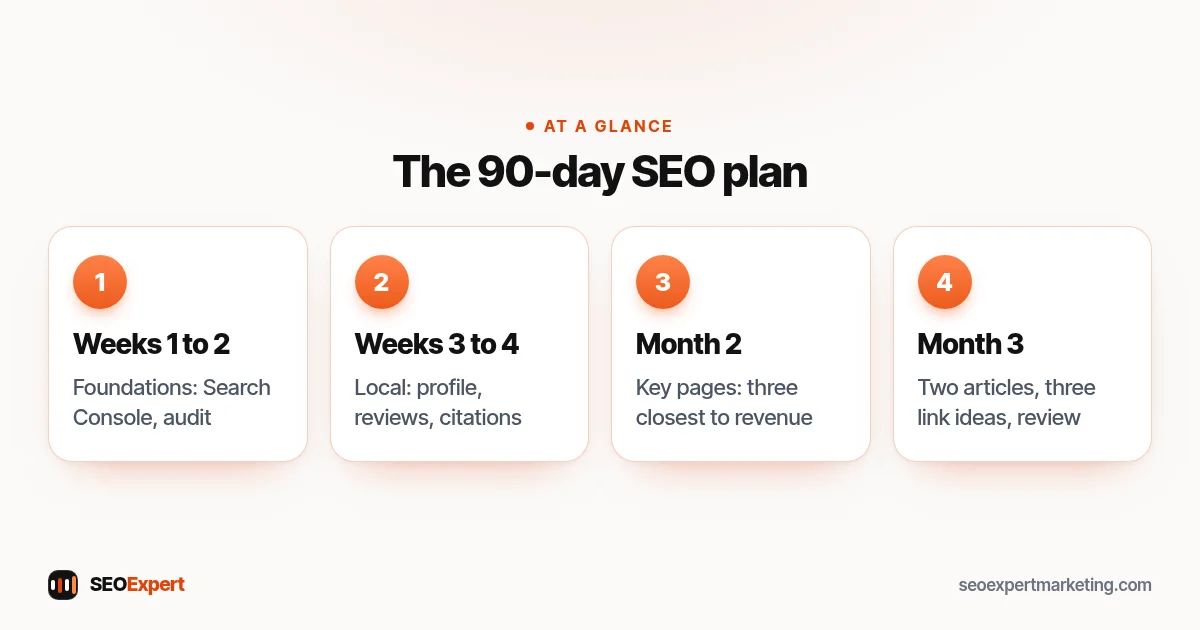 The 90-day SEO plan (diagram): Weeks 1 to 2, Weeks 3 to 4, Month 2, Month 3
