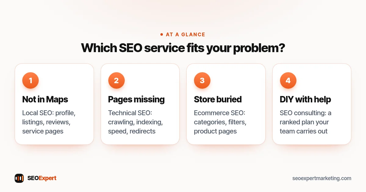 Which SEO services fit your problem: local, technical, ecommerce or consulting