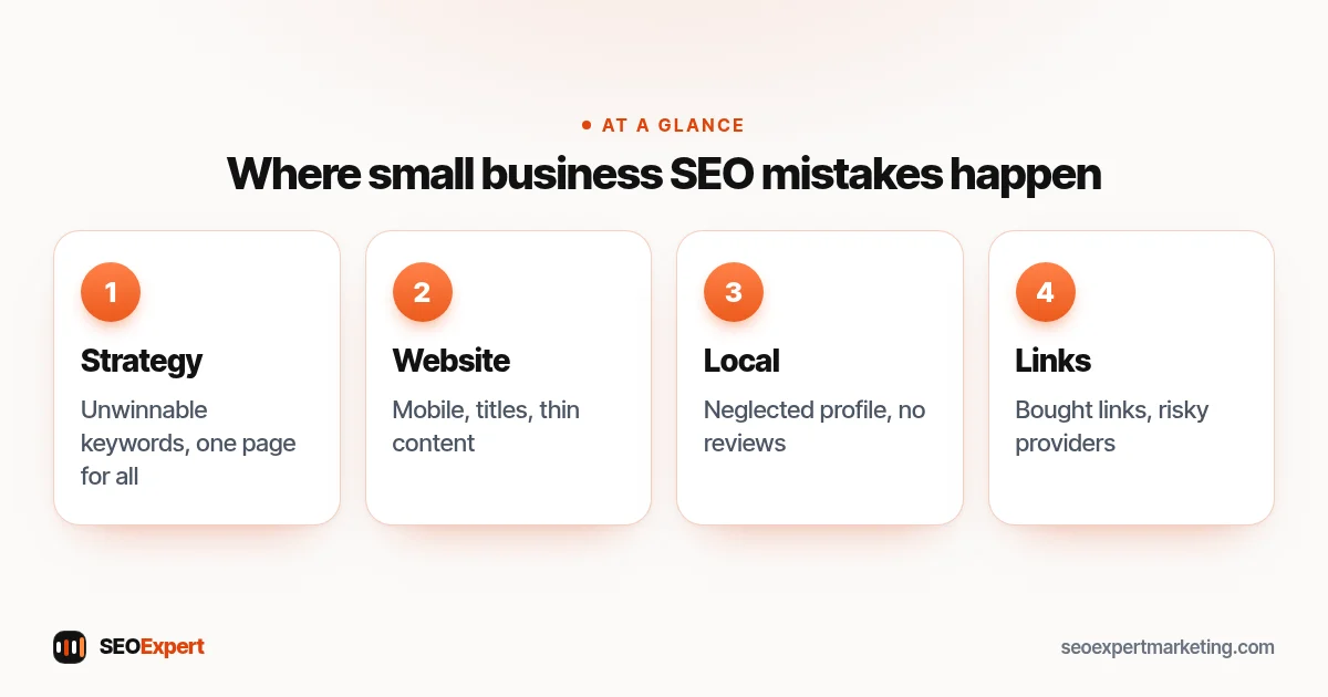 Small business SEO mistakes diagram: strategy, website, local profile and links