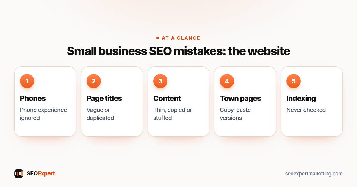 Small business SEO mistakes: the website (diagram): Phones, Page titles, Content, Town pages, Indexing