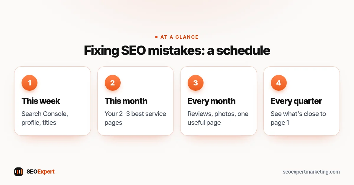 Fixing SEO mistakes: a schedule (diagram): This week, This month, Every month, Every quarter