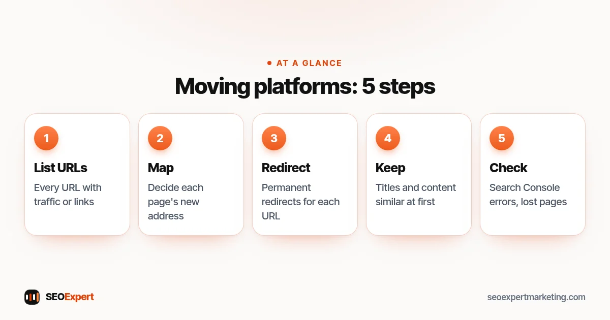 Moving platforms: 5 steps (diagram): List URLs, Map, Redirect, Keep, Check