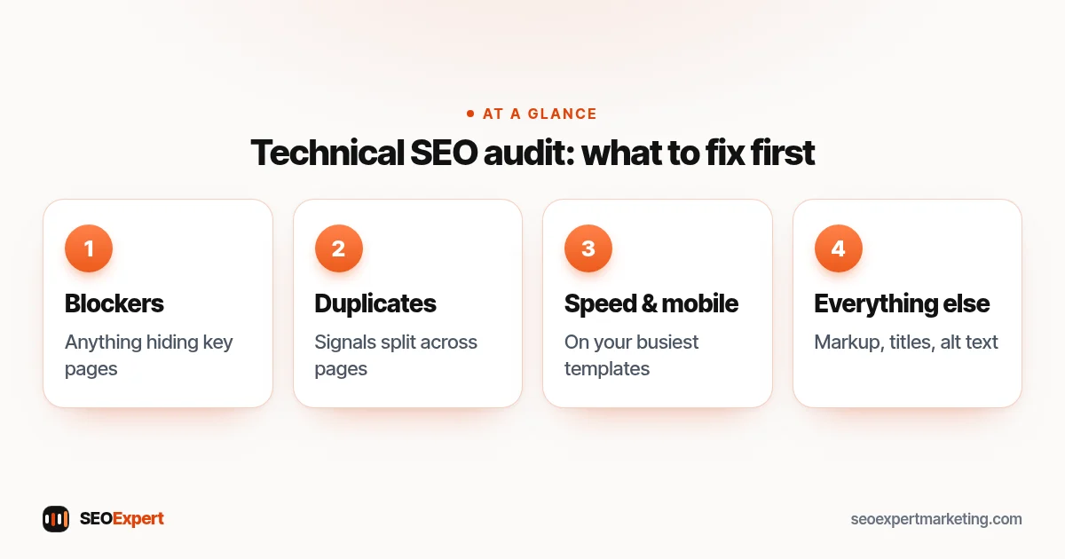Technical SEO audit: what to fix first (diagram): Blockers, Duplicates, Speed & mobile, Everything else