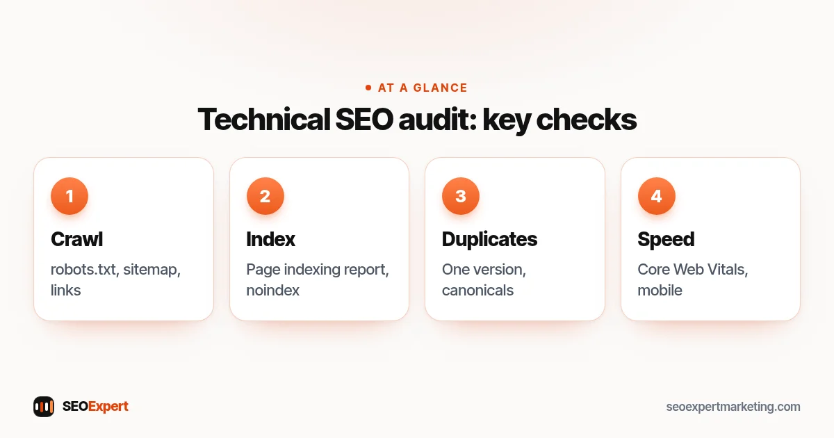 Technical SEO audit checklist diagram: crawling, indexing, duplicates and speed
