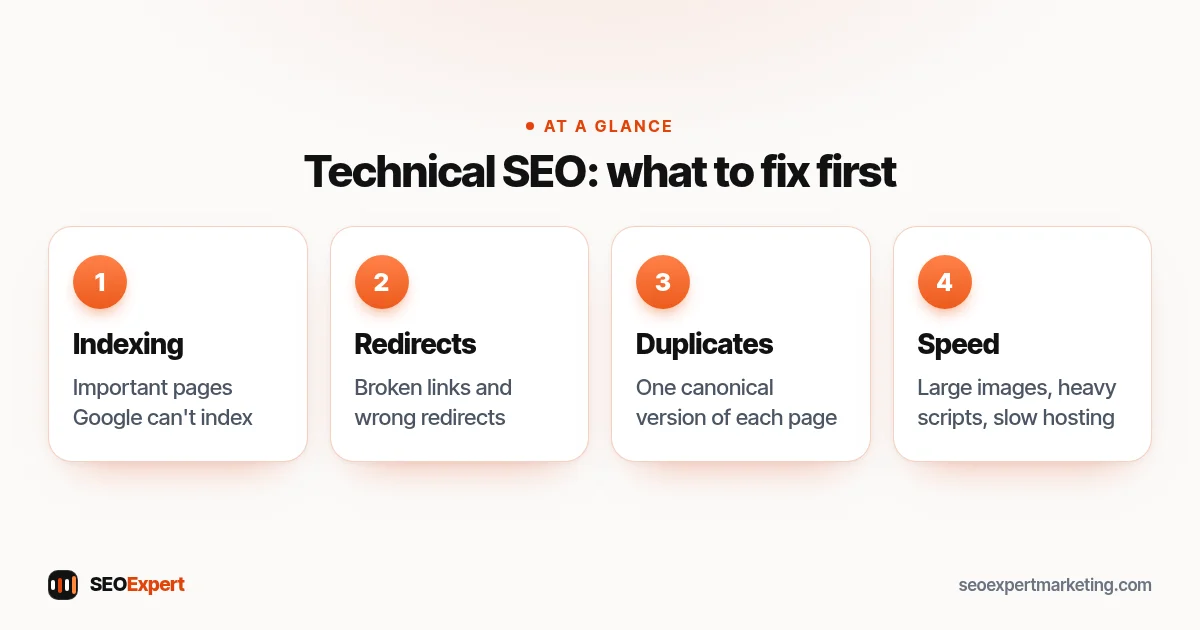 Technical SEO services fix order: important pages Google can't index, then broken links and redirects, then duplicate pages, then speed