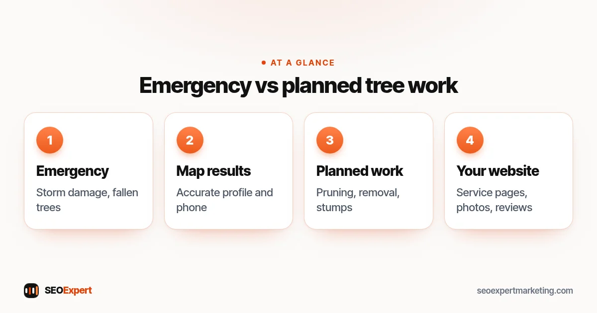 Arborist SEO diagram: emergency storm searches vs planned pruning, removal and stump grinding searches