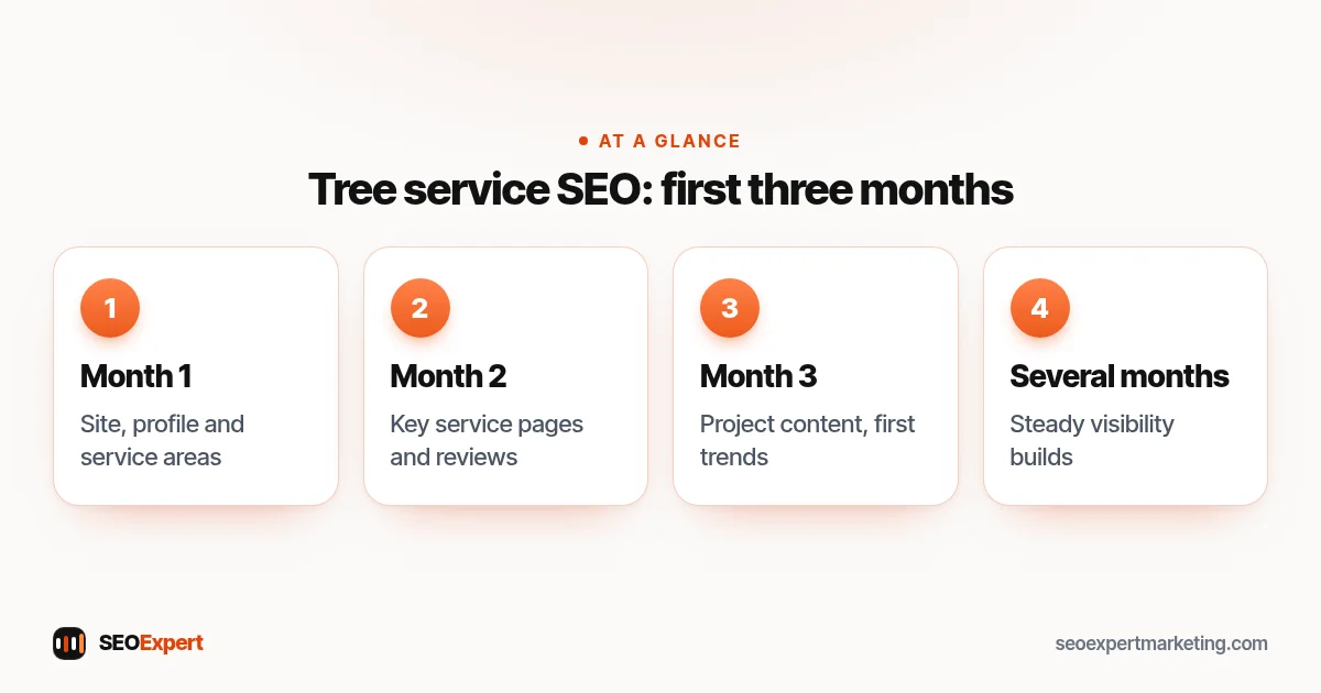 Tree service SEO timeline (diagram): month 1 fixes, month 2 service pages, month 3 content and trends, then several months