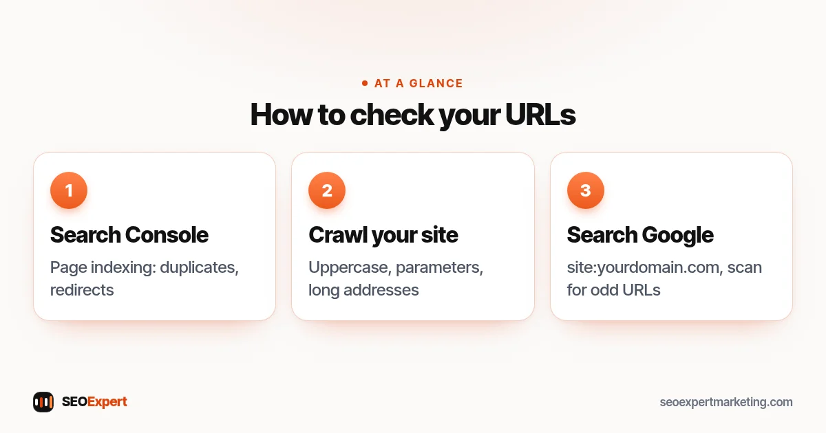 How to check your URLs (diagram): Search Console, Crawl your site, Search Google