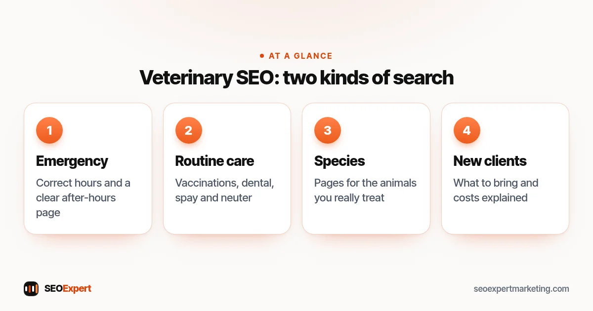 Veterinary SEO diagram: emergency searches, routine care, species pages and new-client pages for a vet clinic