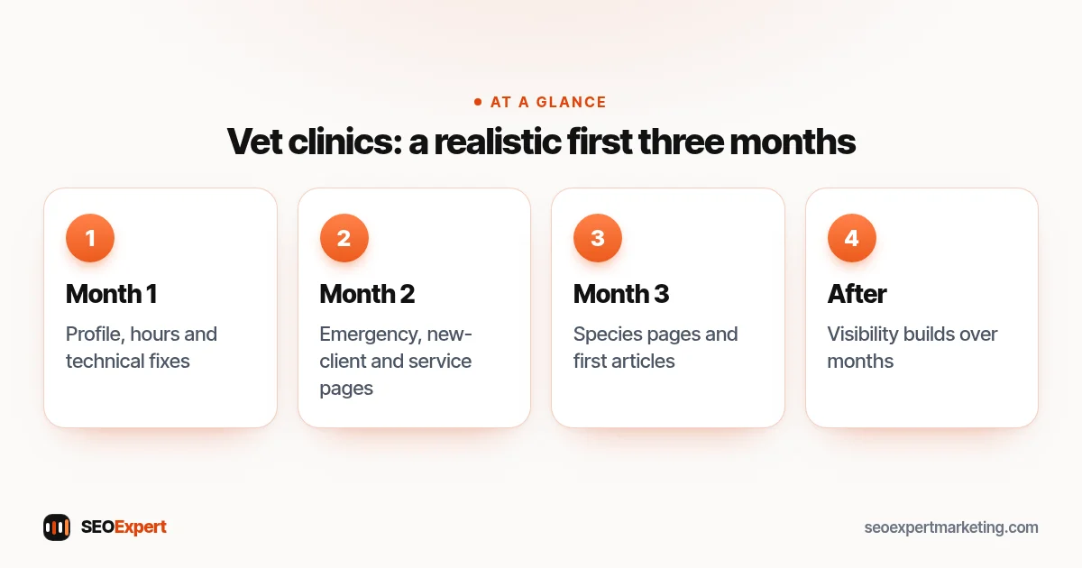 Vet clinic SEO: a realistic first three months (diagram): Month 1, Month 2, Month 3, After