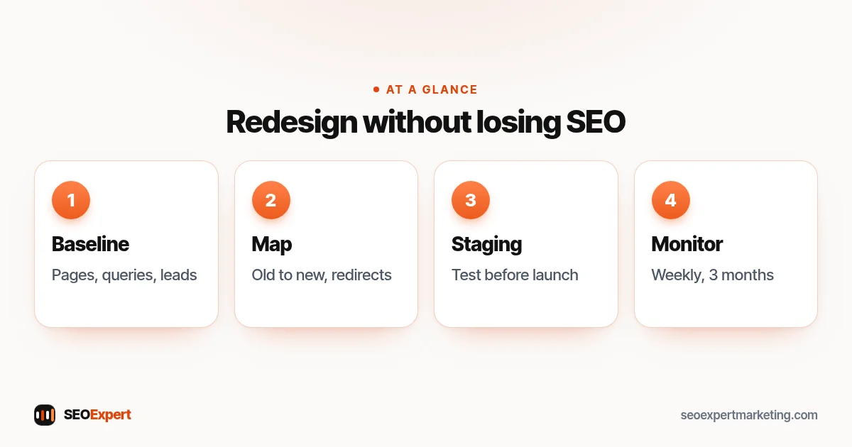 Website redesign SEO diagram: baseline, URL map and redirects, test on staging, launch checks