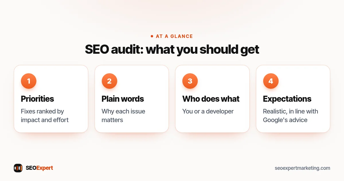 SEO audit: what you should get (diagram): Priorities, Plain words, Who does what, Expectations