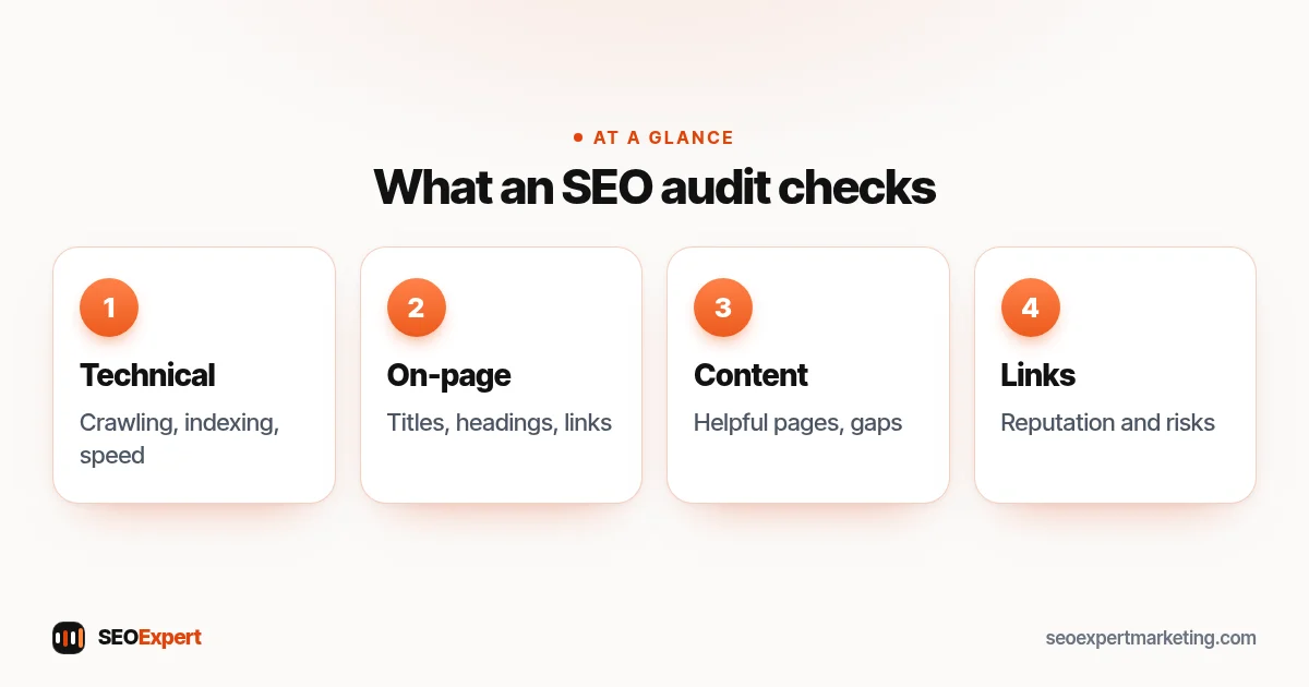 What is an SEO audit diagram: technical, on-page, content and links checks leading to a prioritized fix list