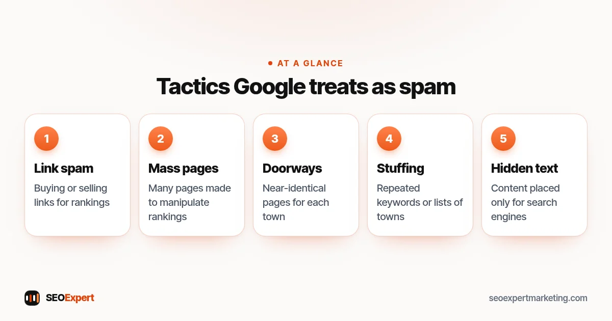 Tactics Google treats as spam (diagram): Link spam, Mass pages, Doorways, Stuffing, Hidden text