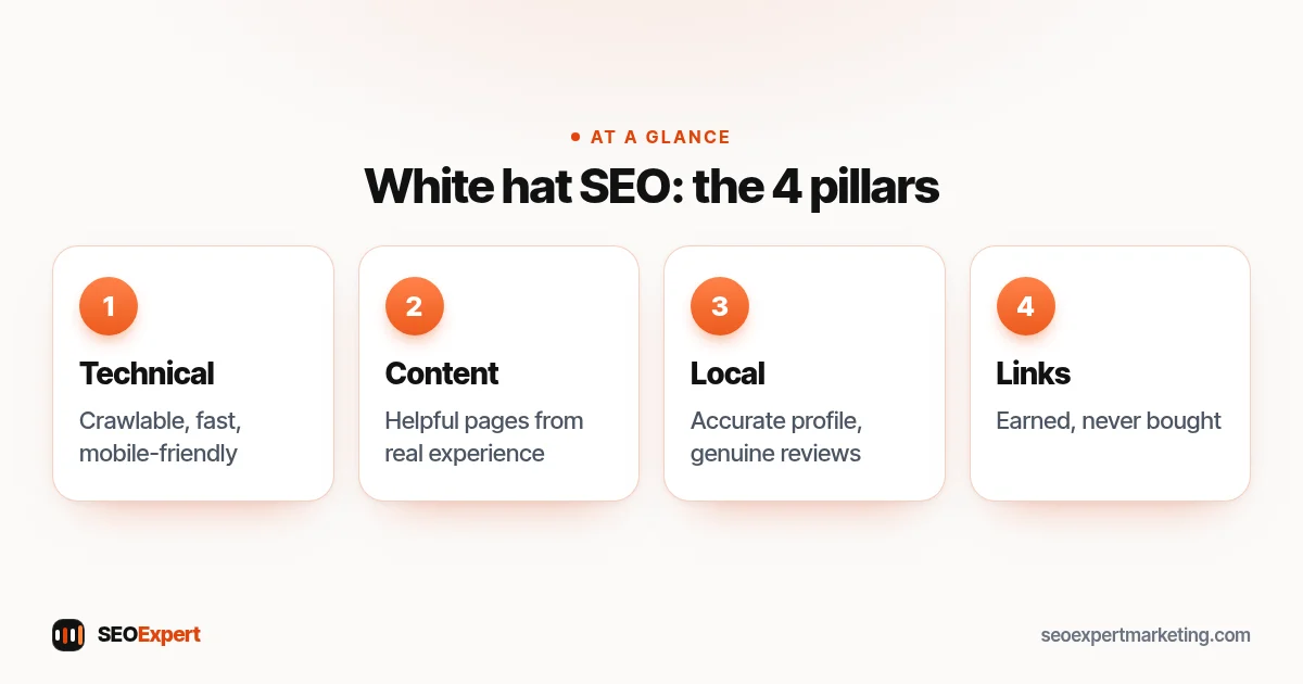White hat SEO diagram: technical health, helpful content, honest local presence and earned links